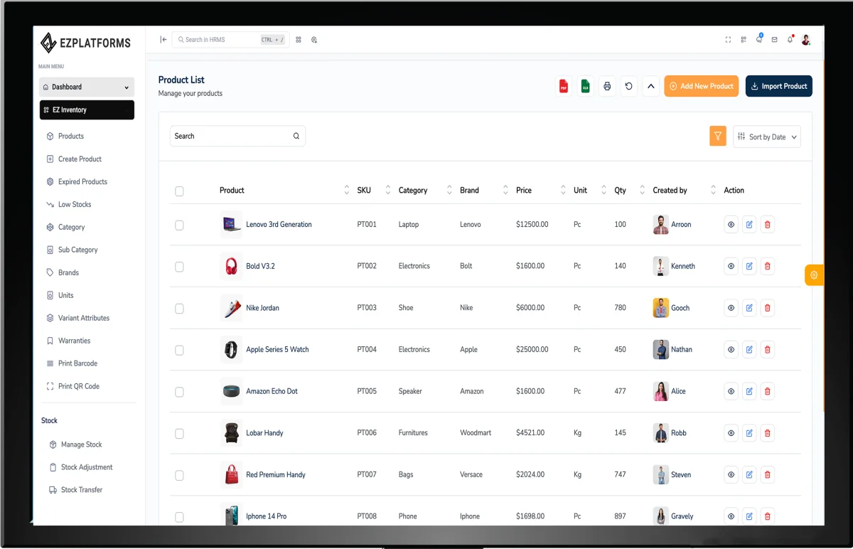 EZplatforms inventory management dashboard